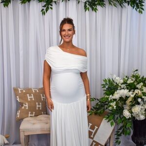 White Asymmetric-Neck Maternity Maxi Dress With Drop-Waist